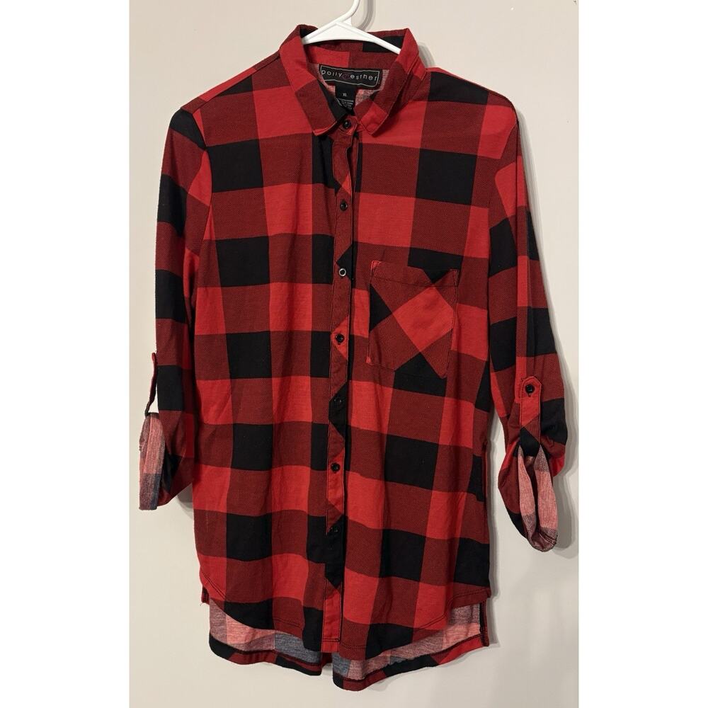 Women’s Red Black Buffalo Plaid Button DownShirt XL Roll Tab Sleeves Casual Top